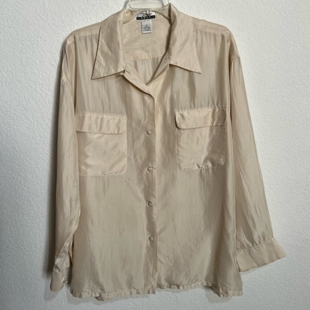 Marnie West Vintage Oversized Ivory Silk Lapels Long Sleeve Button Down Shirt L